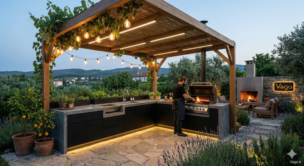 dış mekan bahçe mutfakları pergola sistemi