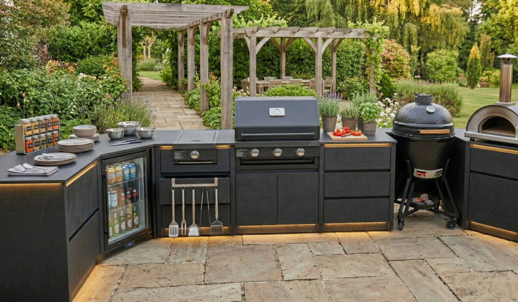 Modern dış mekan açık sistem bahçe mutfağı tasarımı, metal mutfak modülleri ve paslanmaz çelik tezgah görünümü.